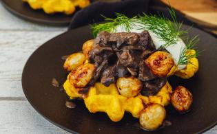 Viande chevaline confite à la bourguignonne, gaufre de carotte