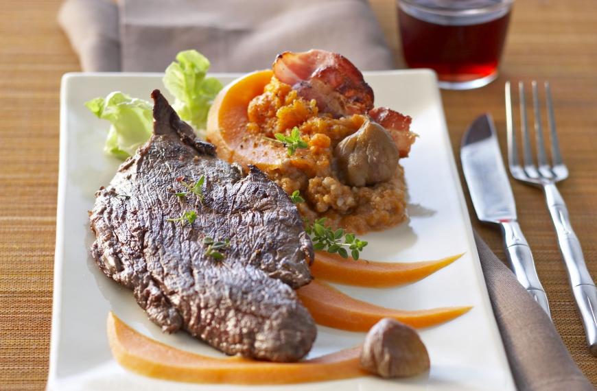 Steaks de viande chevaline, purée de potimarrons aux châtaignes