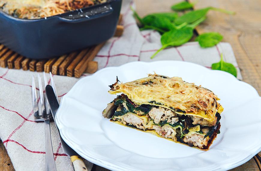 Lasagnes de veau, épinards et champignons de Paris