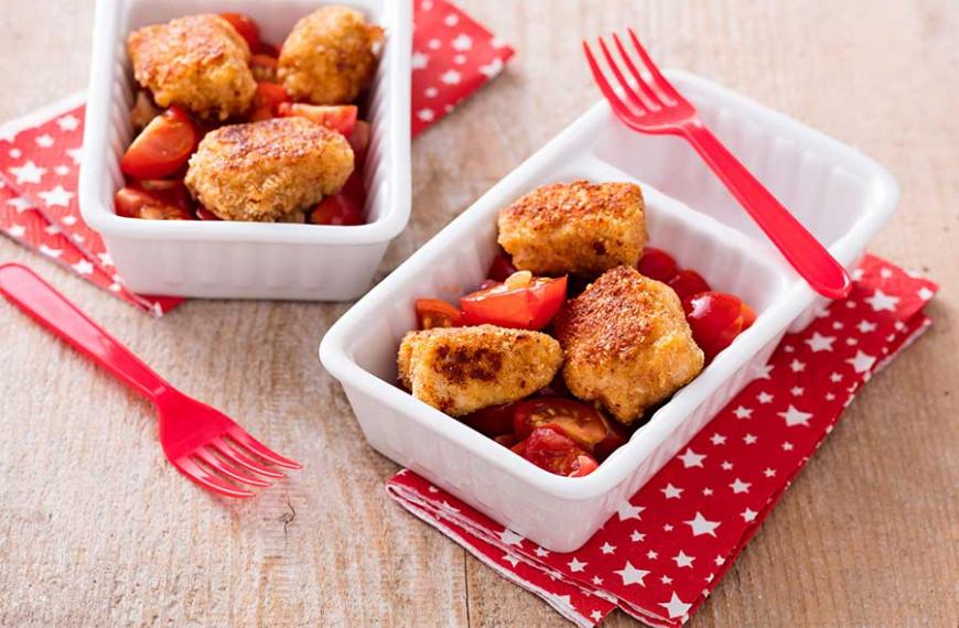 Nuggets de veau au jus d’orange et au parmesan, salade de tomates cerise